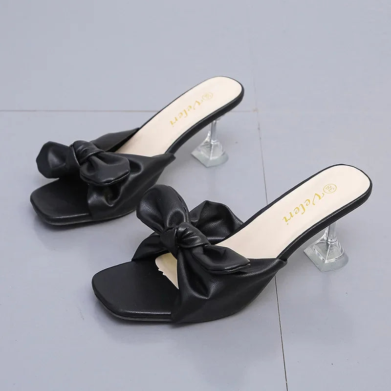 sandales femmes été chaussures femme luxe chaussures mariage pour Sandales d'été en cristal pour femmes, chaussures à talons avec nœud papillon, à bout ouvert, pantoufles carrées de styliste, à enfiler, pour la plage