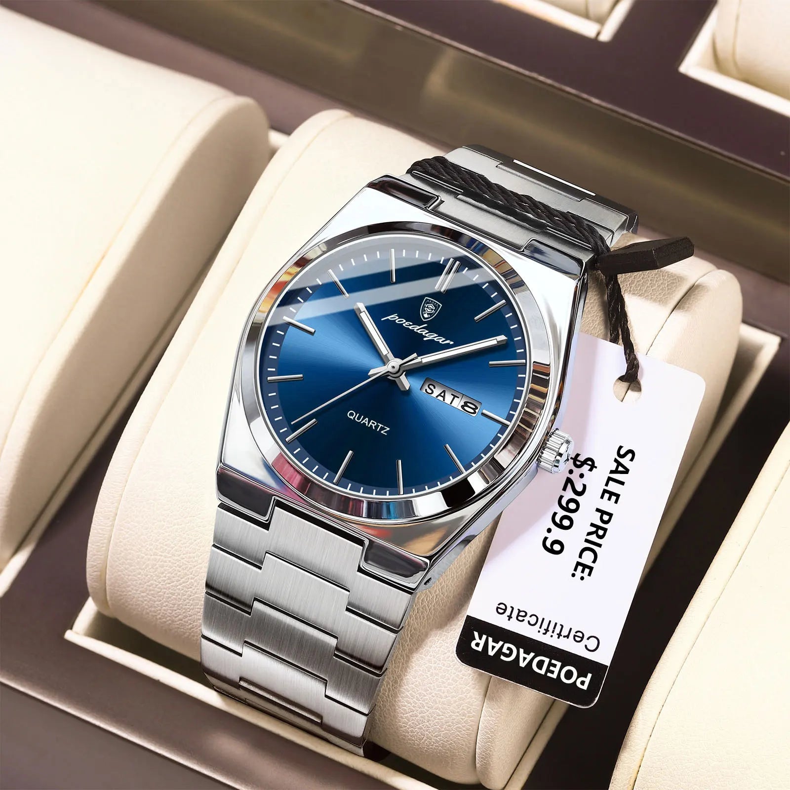 POEDAGAR Montre de luxe pour homme étanche lumineux Date Semaine en acier inoxydable Hommes Montre Casual Quartz Montres pour hommes Horloge masculine + boîte