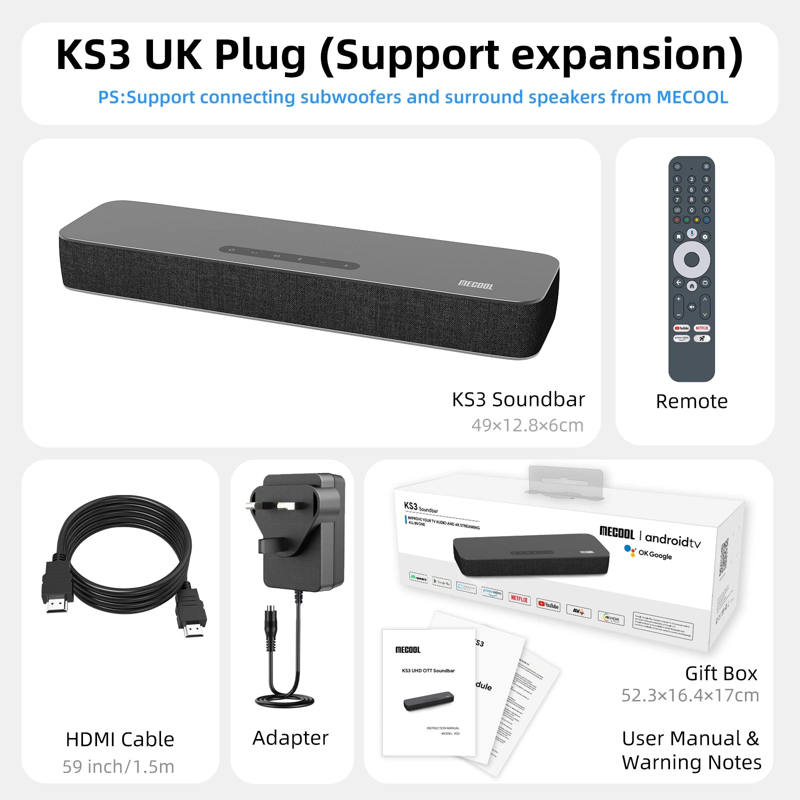 Barre de son MECOOL Android 12 certifiée Google Netflix Dolby Atmos Dolby Vision 4 + 32G son Surround Home Media cinéma