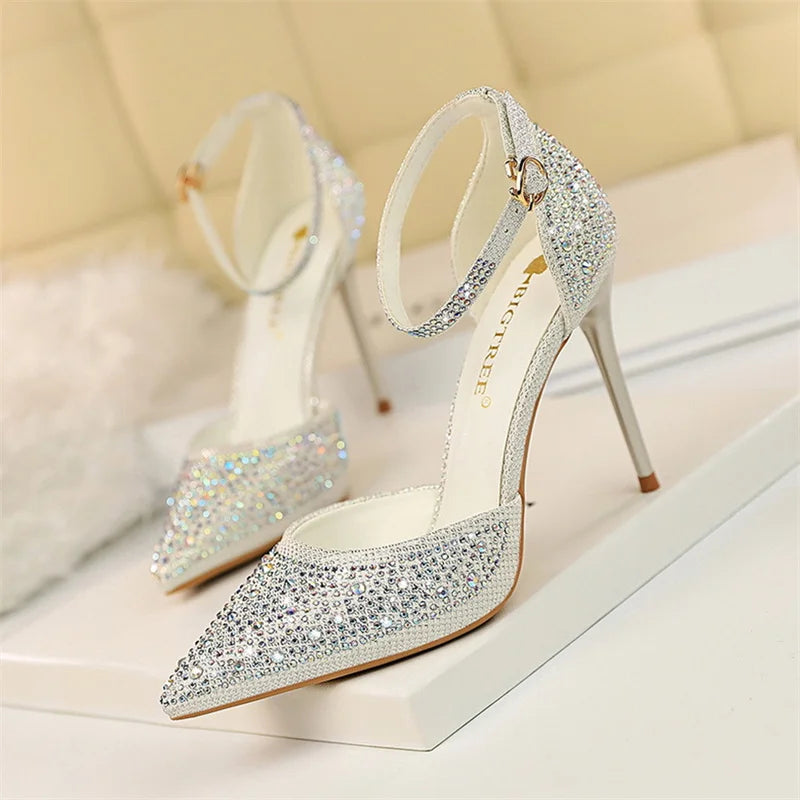 Sandales pointues à bouche peu profonde pour femmes, talons hauts creux, escarpins de mariage, champagne, or, paillettes de cristal, biscuits, Parker