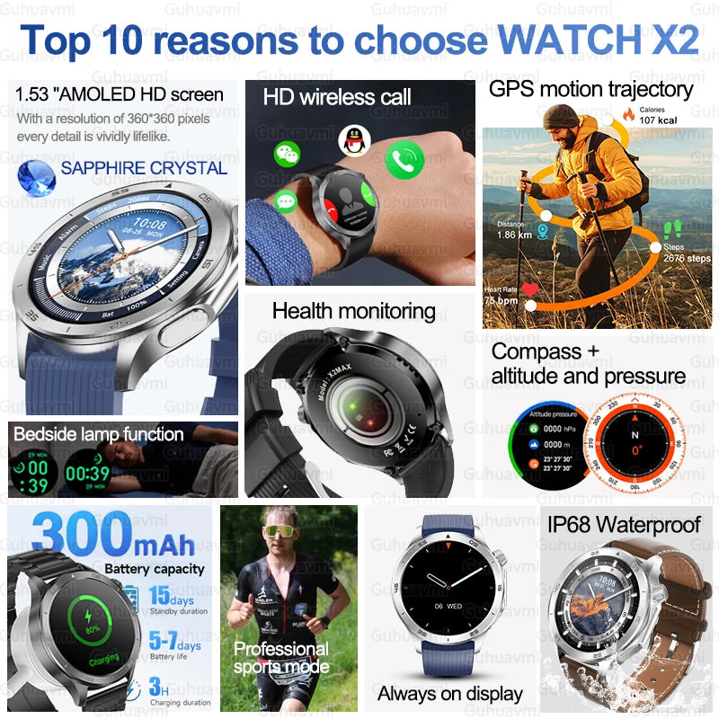 2025New pour OPPO WATCH X2 GPS montre intelligente hommes AMOLED HD écran boussole fréquence cardiaque Bluetooth appel étanche montres de sport femmes