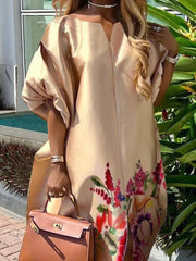 Freeacy Robe longue élégante à imprimé floral pour femme, col bateau, manches bouffantes, ligne H, fendue, longueur au sol, robe de soirée