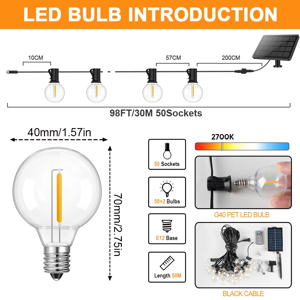 Guirlande solaire G40 lumières de Patio avec ampoules LED incassables guirlande de Camping résistante aux intempéries lumières suspendues pour jardin Bistro