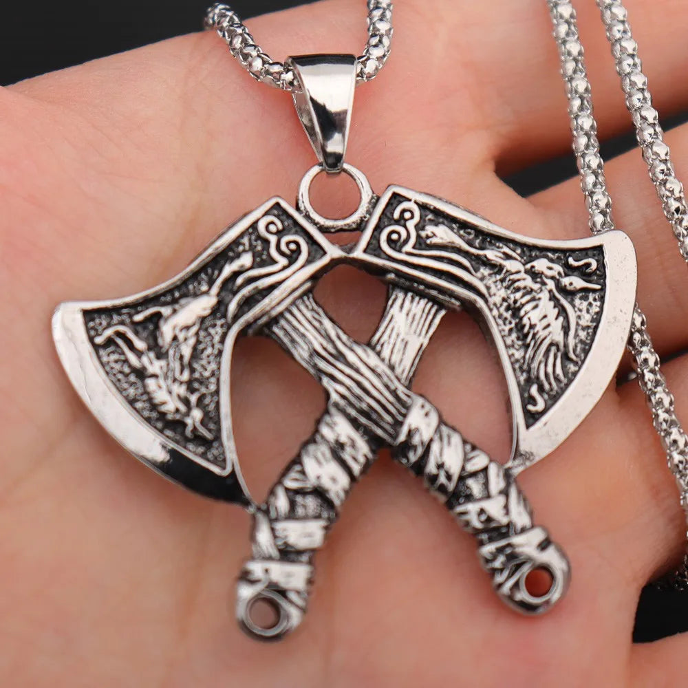 rétro corbeau prairie loup Double face Viking Tomahawk pendentif collier charme collier pour hommes accessoire en métal bijoux de fête