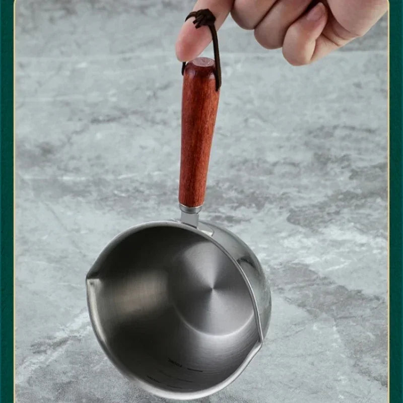 Mini poêle à lait en acier inoxydable 304, Pot à huile chaude, petite poêle avec manche en bois pour la cuisson du beurre bouillant, outil de cuisine