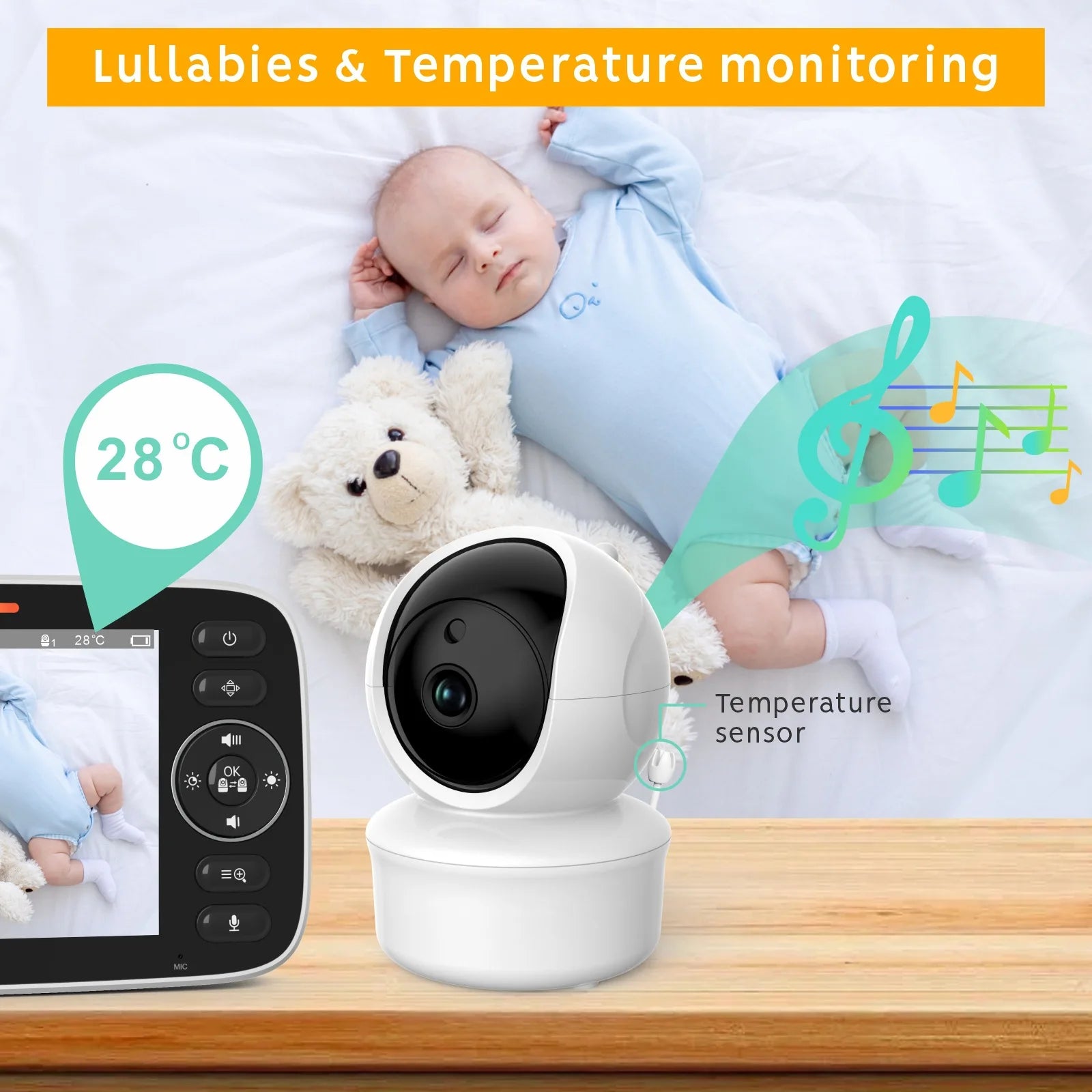 Moniteur vidéo pour bébé de 5 pouces avec caméra, zoom 4X, surveillance de la température, audio bidirectionnel, baby-sitter électronique, berceuse intégrée, SM50