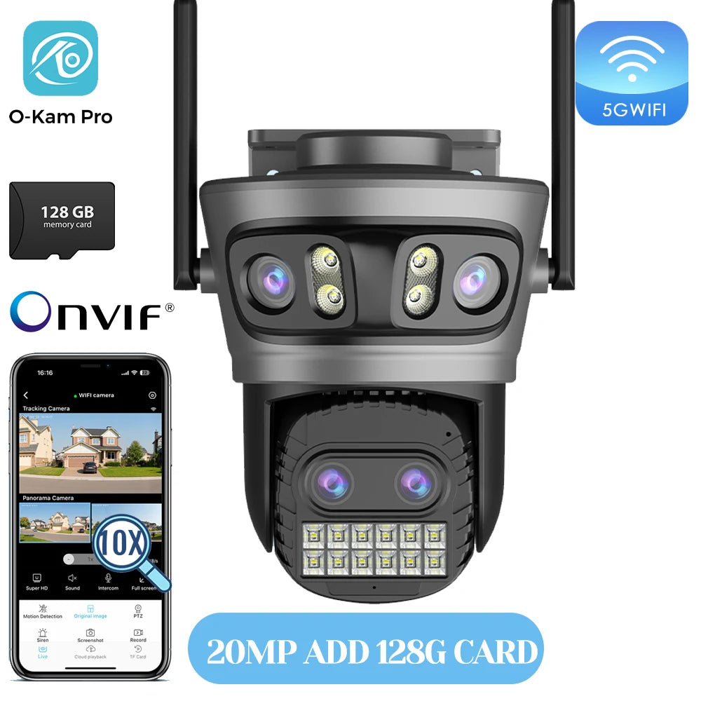 Caméra Wifi d'extérieur 20MP Caméra HD 10K à trois objectifs Caméra IP PTZ 5G Objectif zoom numérique 10X Caméra de  suivi humain AI Auto Detect Caméra de sécurité Caméra de sécurité pour la maison Caméra Wifi e