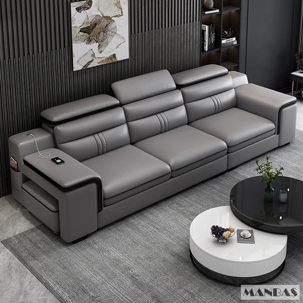 MINGDIBAO Leather Sectional Sofa Set with Cup Holder, USB, Adjustable Headrests & Bluetooth Speaker Living Room Couch with Stool