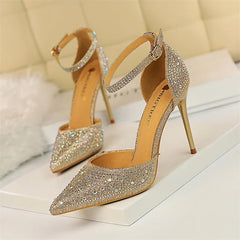 Sandales pointues à bouche peu profonde pour femmes, talons hauts creux, escarpins de mariage, champagne, or, paillettes de cristal, biscuits, Parker