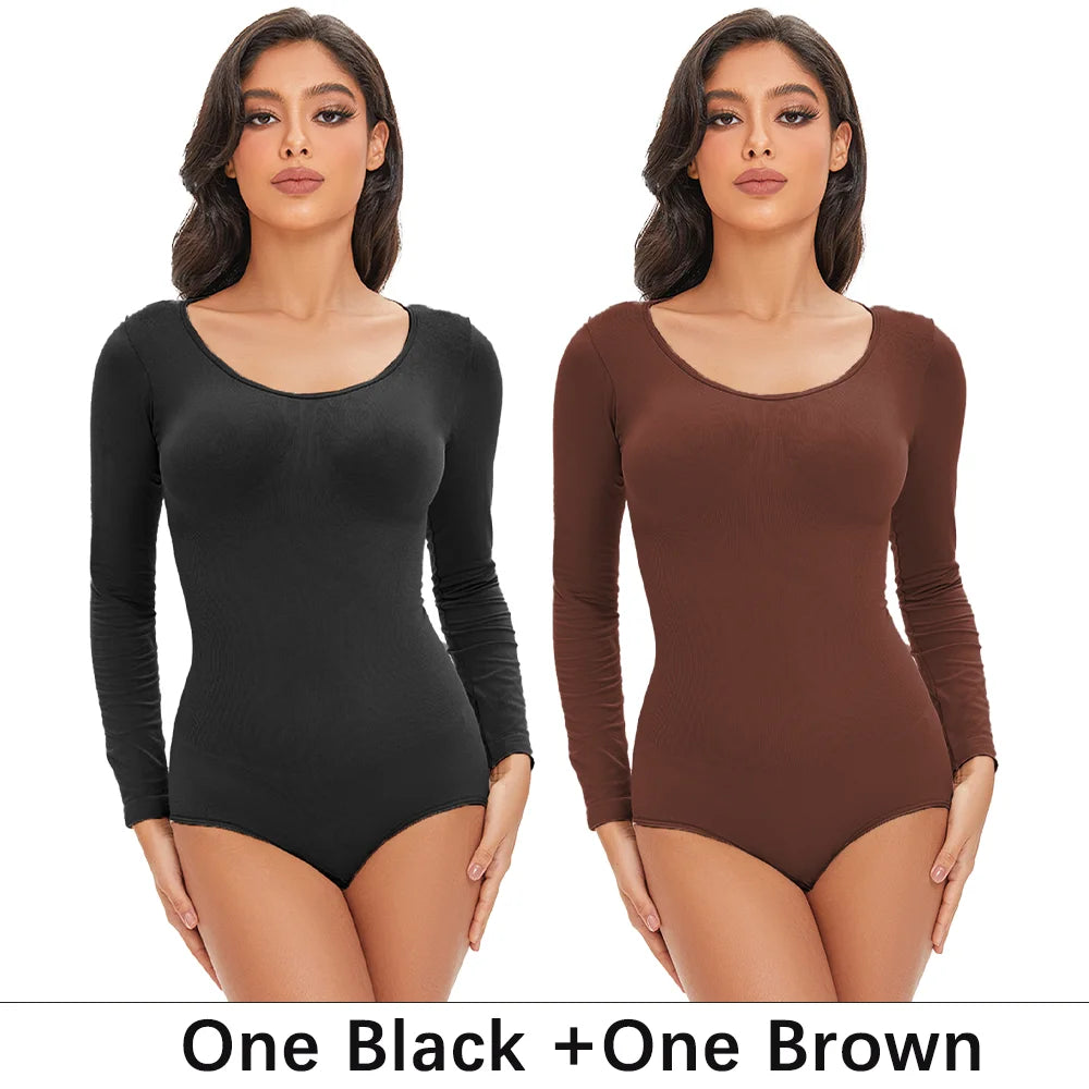 POKARLA Spandex élastique Body costume Shapewear femmes corps Shaper ventre contrôle à manches longues ouvert entrejambe col rond sans couture Shapers