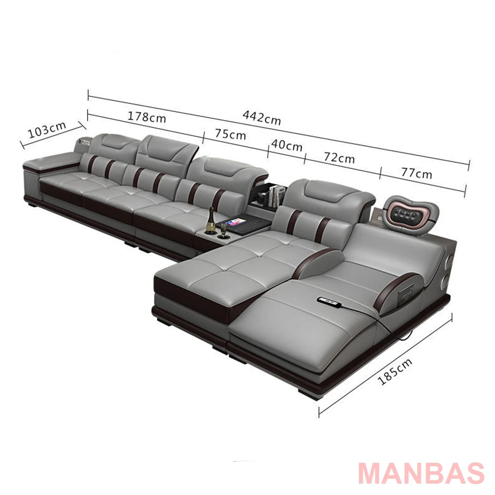 MINGDIBAO Italian Genuine Leather Sectional Sofa with Bluetooth Speaker, Functional Headrest, Massage Chaise L Shape Corner Sofa