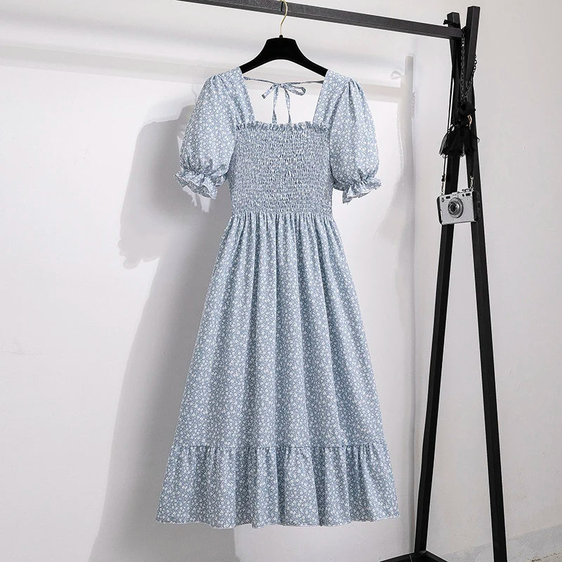Printemps été robes en mousseline de soie mode femme taille élastique à manches courtes plissée tenue décontractée femmes robes a-ligne robes