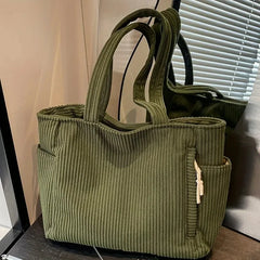 Sac à main décontracté en velours côtelé avec fermeture à glissière, léger et grande capacité, bandoulière fixe, couleur unie, sac à main de banlieue quotidien