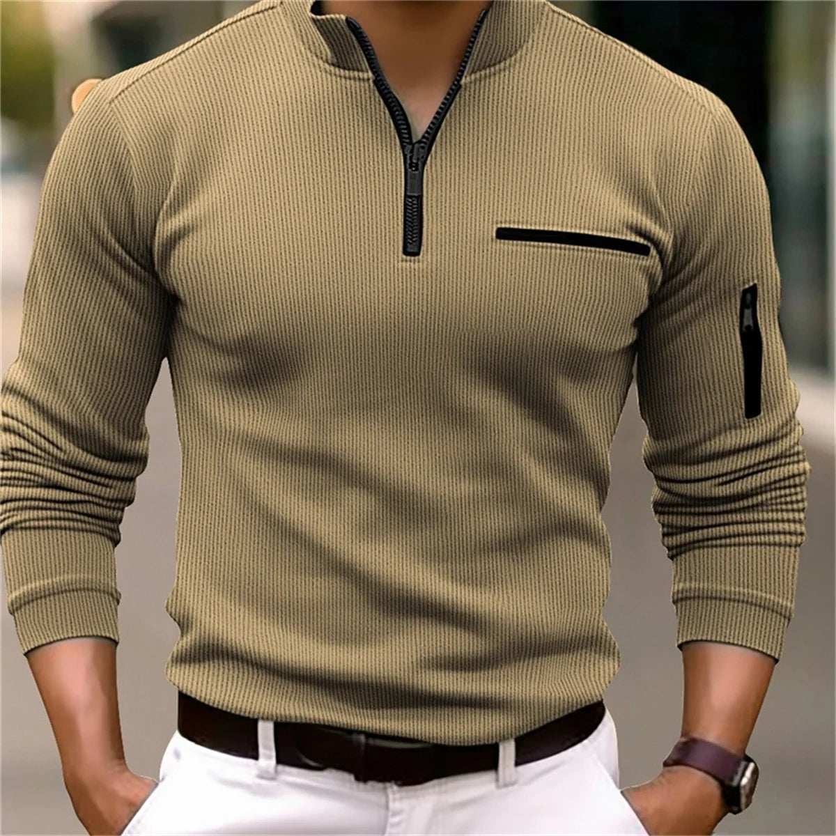 Men's Spring and Autumn Sports Casual Tooling Style Solid Color Striped Arm Zipper Splicing Fake Pocket Long Sleeve POLO Shirt