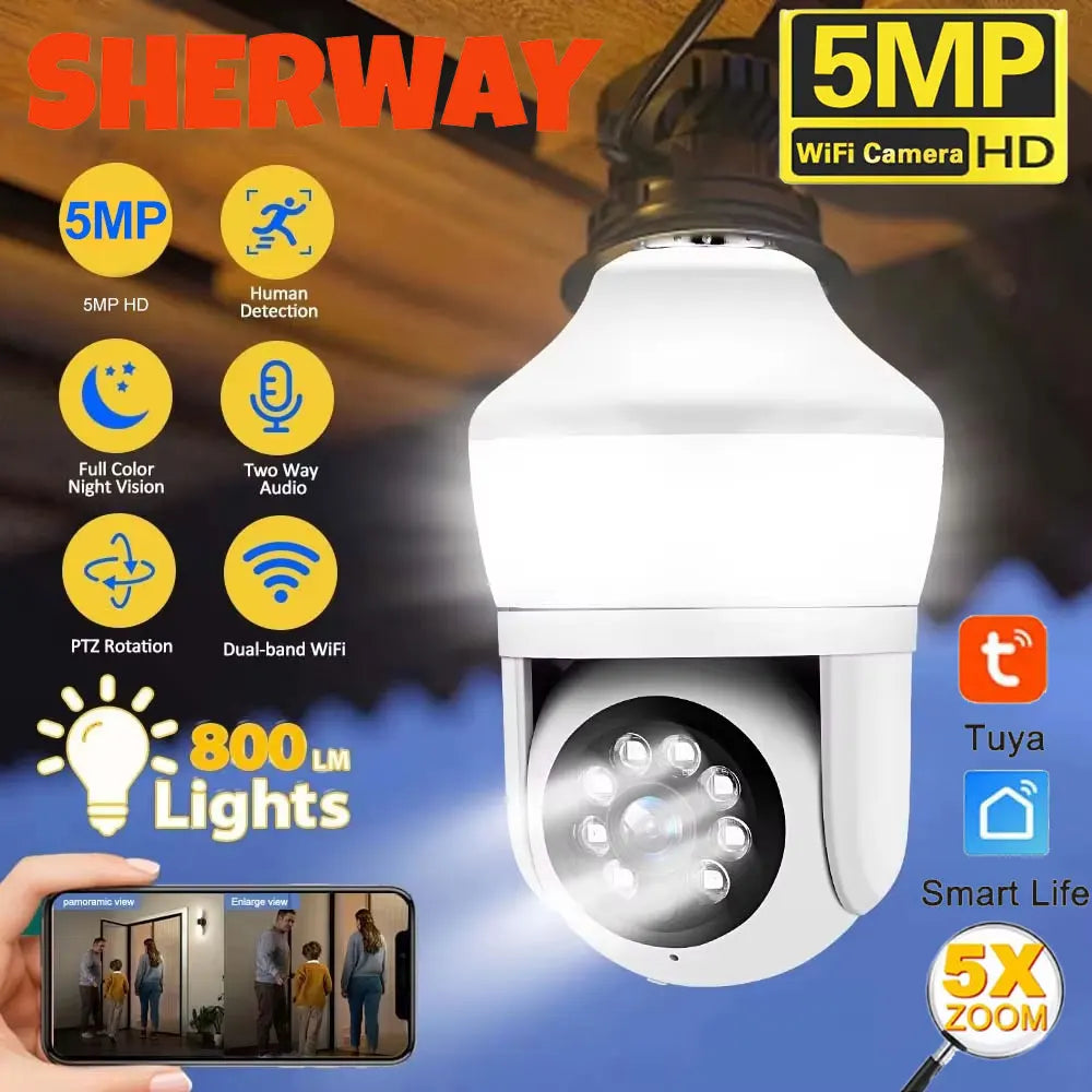 Tuya E27 ampoule double écran WiFi caméra 5MP intérieur 5x Zoom PTZ caméra de sécurité IR couleur Vision nocturne Surveillance sans fil