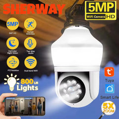 Tuya E27 ampoule double écran WiFi caméra 5MP intérieur 5x Zoom PTZ caméra de sécurité IR couleur Vision nocturne Surveillance sans fil