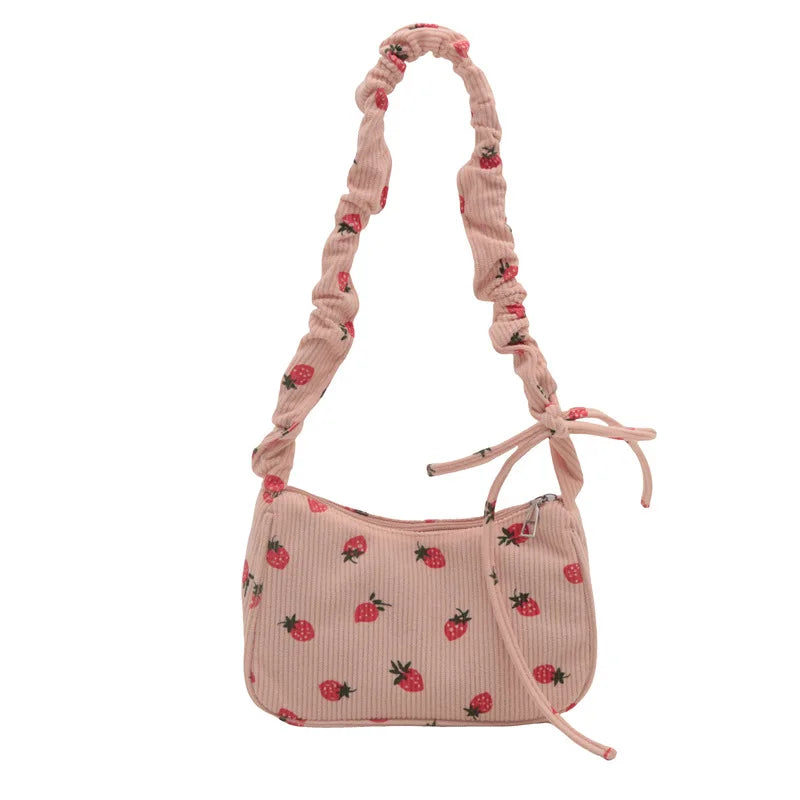 Petit sac sous les bras pour femmes, sac à main en velours côtelé, mignon imprimé fraise, petit fourre-tout demi-lune Design, sac à main en tissu écologique, Mini sacs à bandoulière