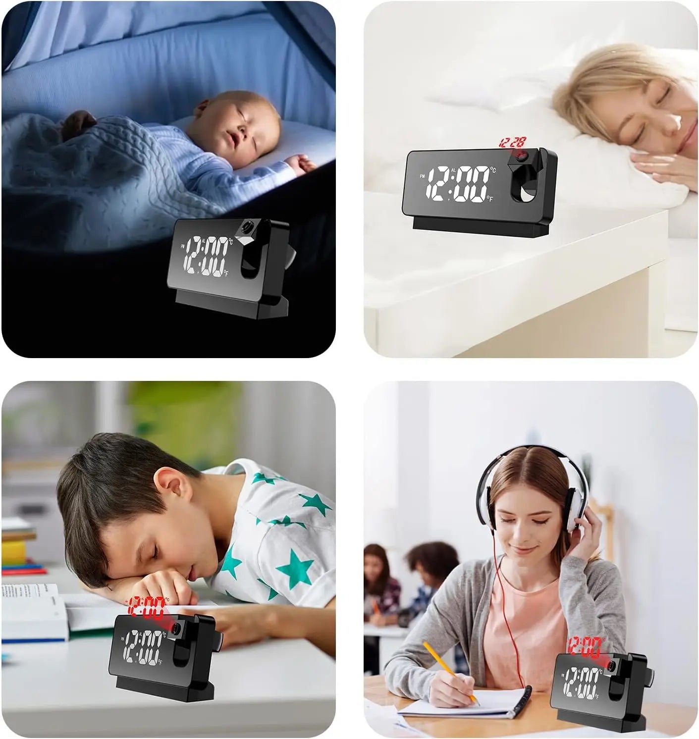 360 °   Réveil numérique à Projection LED, montre de Table électronique, horloge de chevet, affichage de la température et de la Date, modèle Snooze