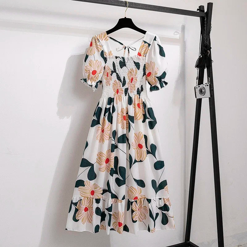 Printemps été robes en mousseline de soie mode femme taille élastique à manches courtes plissée tenue décontractée femmes robes a-ligne robes