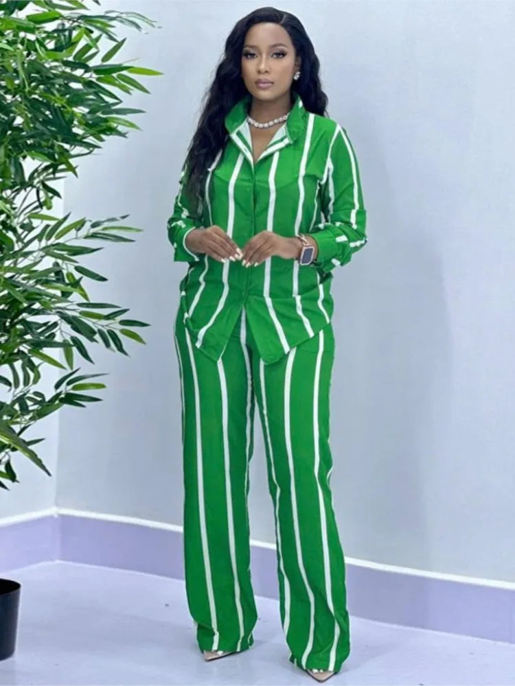 Striped Printed Long-sleeved Shirt Women's Suit Spring Autumn New Simple Casual Straight Pants Elegant Femaleo Ffice 2 Piece Set