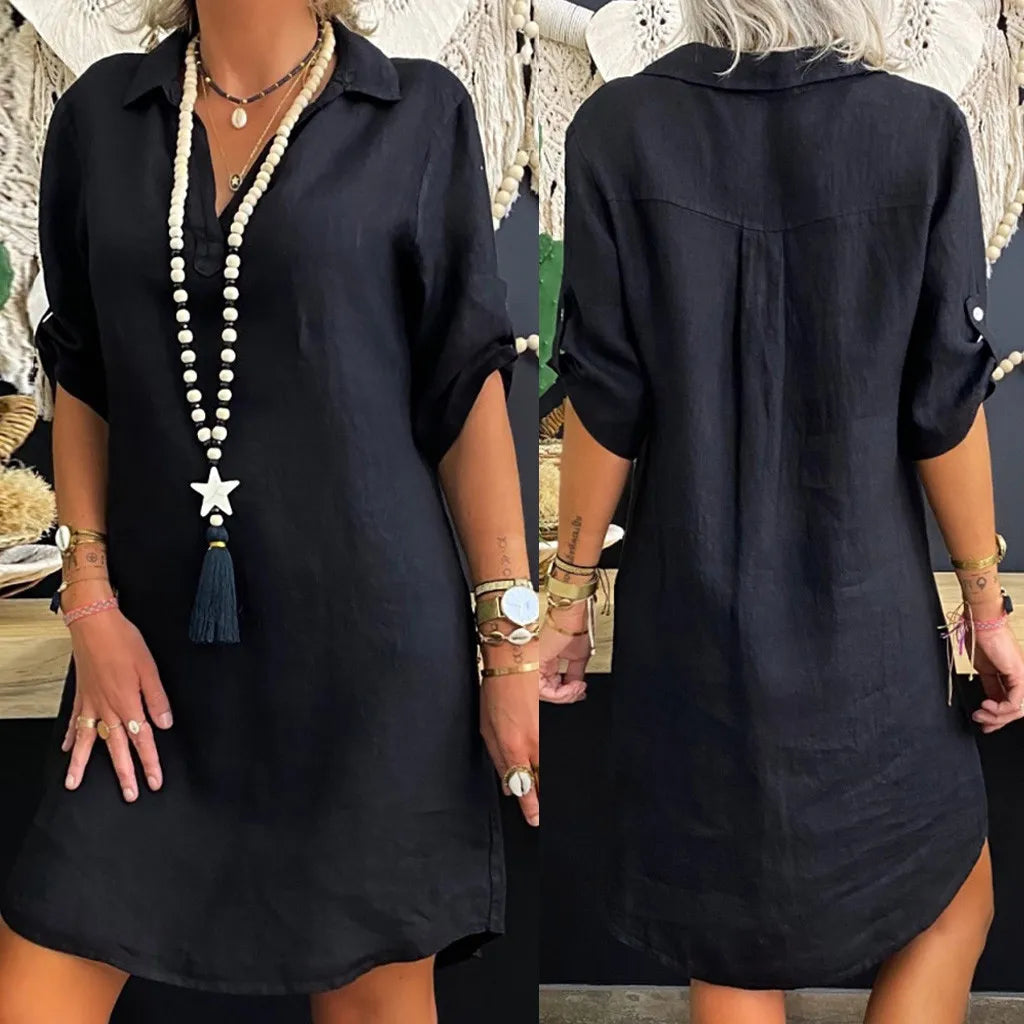 Robe chemisier OL en coton et lin, Vintage, décontractée, col rabattu, manches courtes, ample, couleur unie, Mini robes féminines, FYY1062