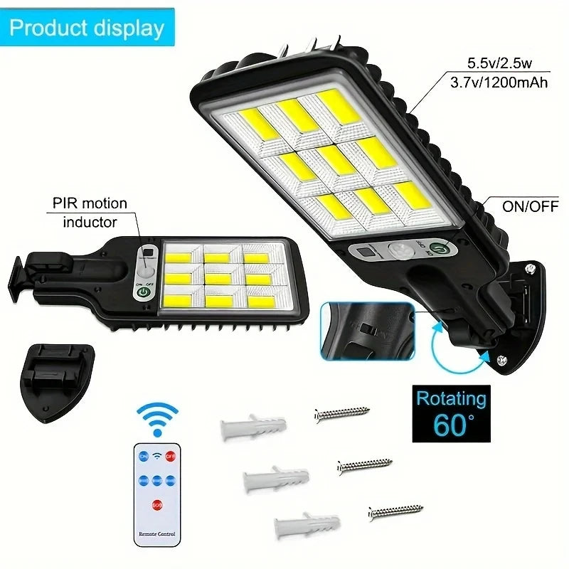 Solar Street Lights Outdoor 108COB LED With Lights Reflector 3 Lighting Modes Human Body PIR Motion Sensor Wall Light for Garden
