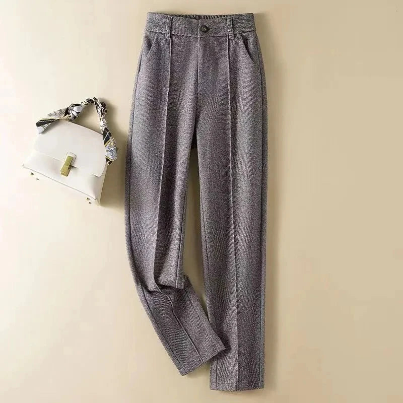 Pantalon en laine pour femme, sarouel droit élégant, polaire, Version coréenne, Blazer chaud, décontracté, collection automne-hiver 2024