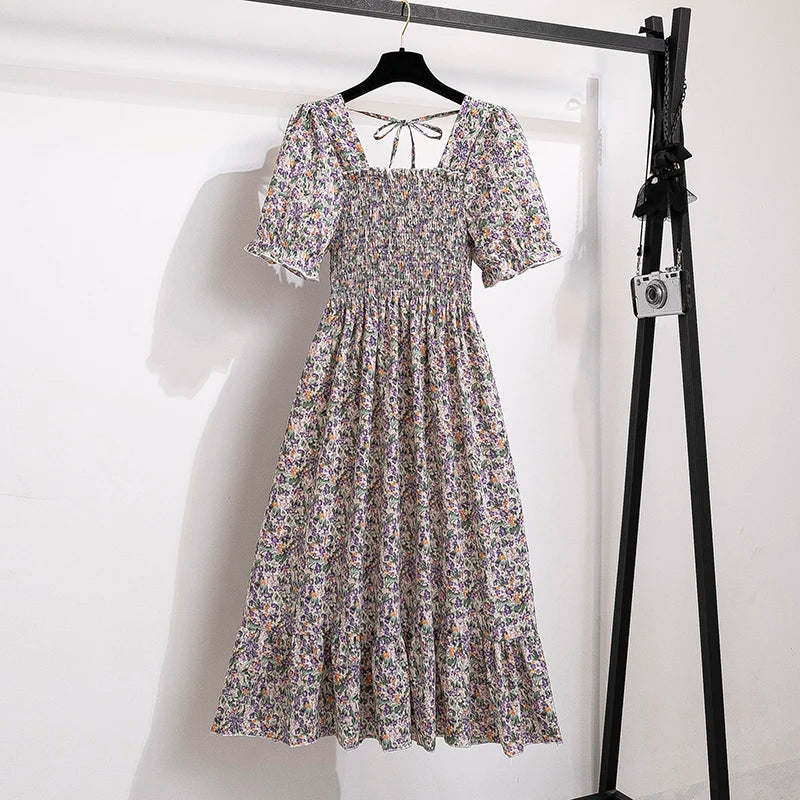 Printemps été robes en mousseline de soie mode femme taille élastique à manches courtes plissée tenue décontractée femmes robes a-ligne robes