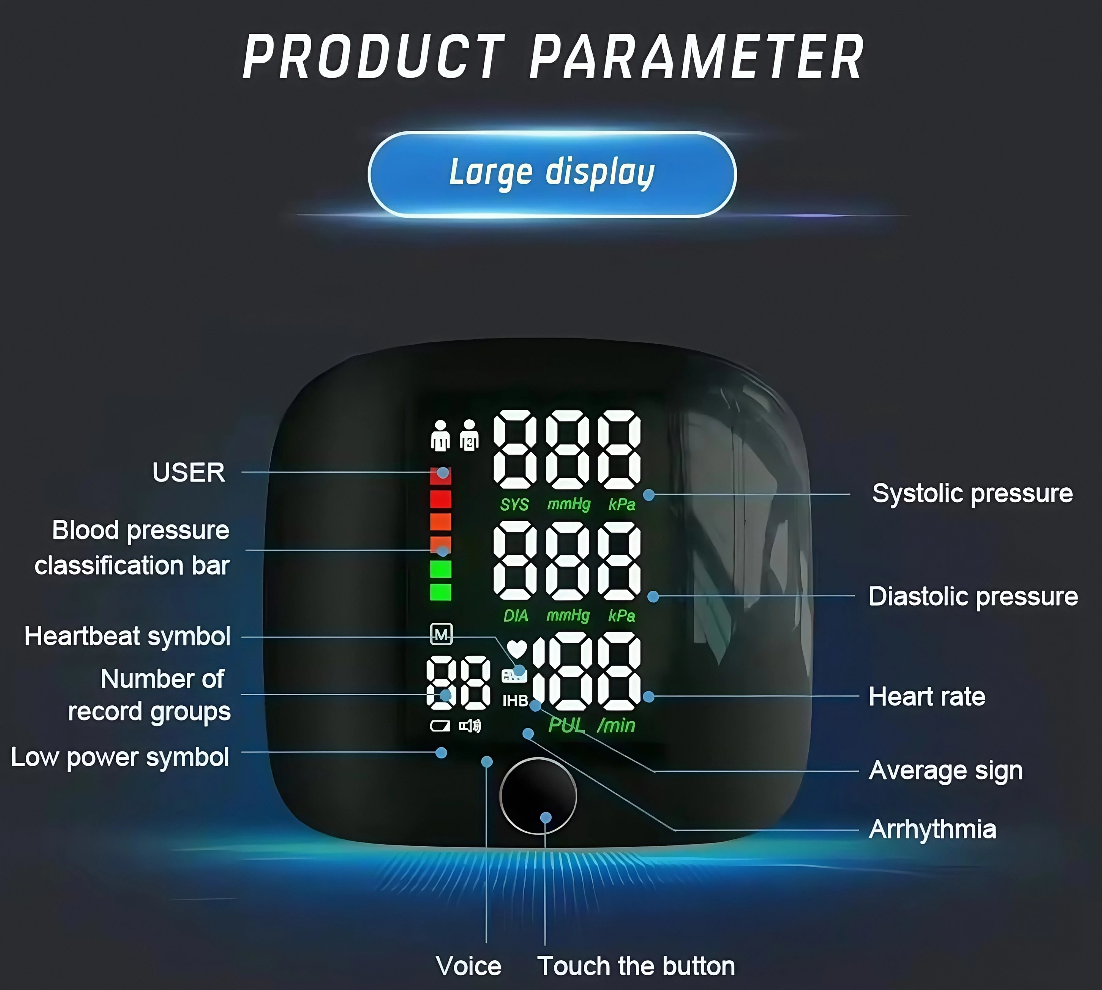 Tensiomètre à chargement vocal au poignet, tensiomètre multifonctionnel, moniteur de fréquence cardiaque, sang grand écran LED