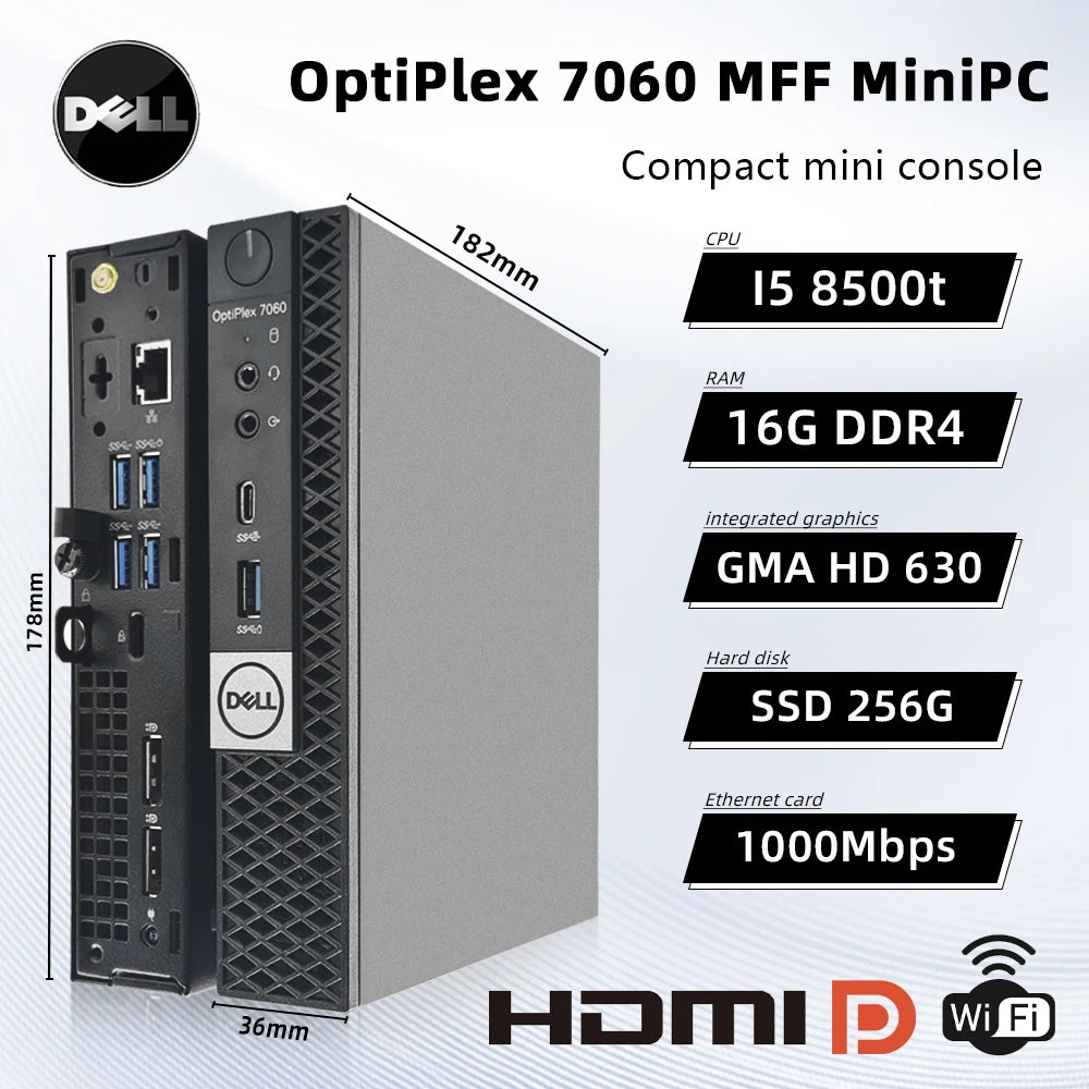 Pour Dell Mini pc OptiPlex 7060 MFF Mini ordinateur de bureau utilisé Micro PC Intel Core i5-8500T 16GB 256GB SSD WiFi pour bureau maison