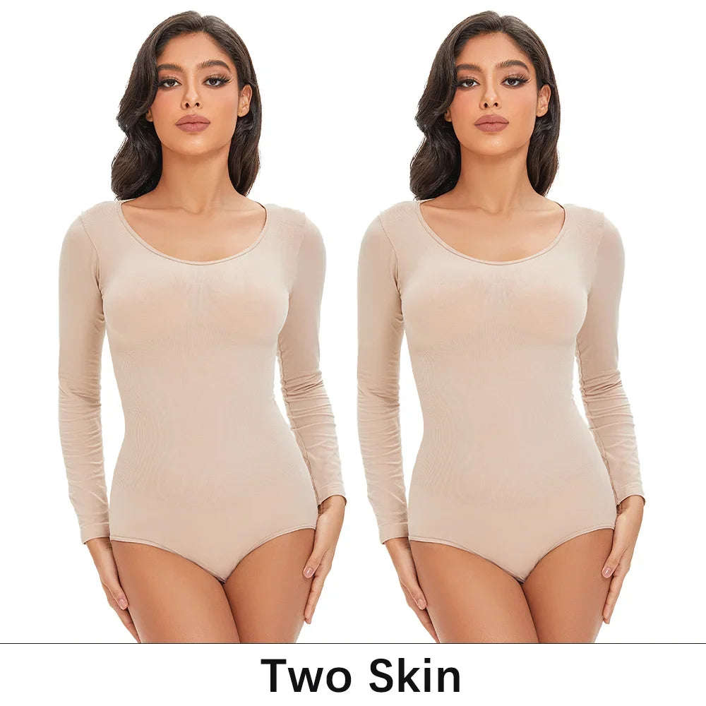 POKARLA Spandex élastique Body costume Shapewear femmes corps Shaper ventre contrôle à manches longues ouvert entrejambe col rond sans couture Shapers
