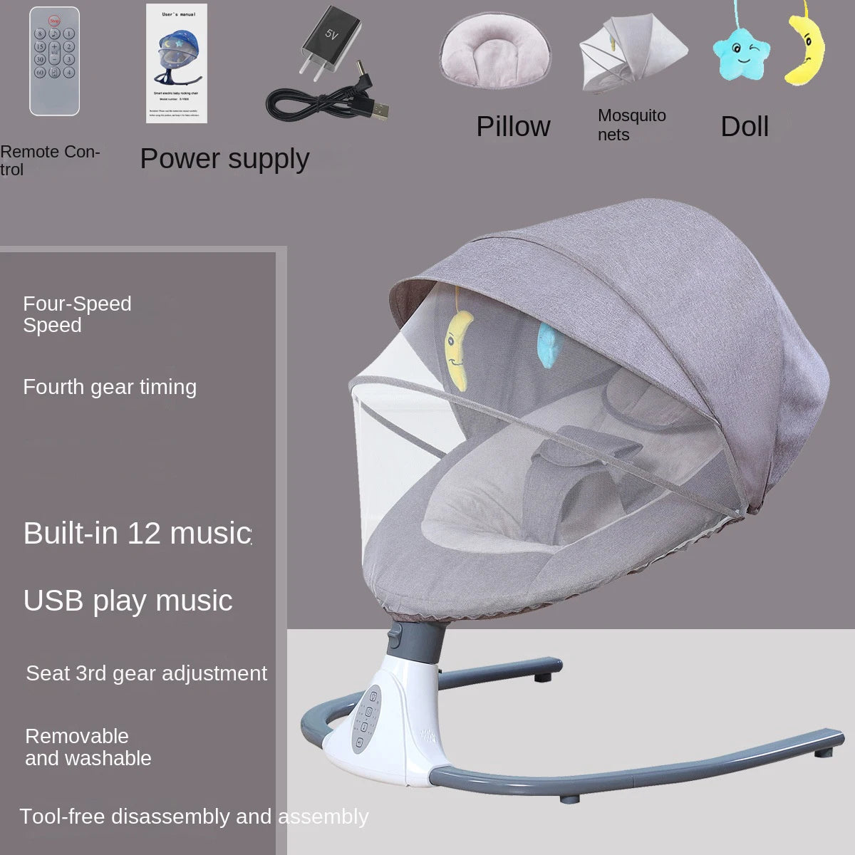 Chaise à bascule électrique pour bébé de 0 à 24 mois, musique automatique pour nouveau-né, avec moustiquaire, berceau à bascule automatique à distance