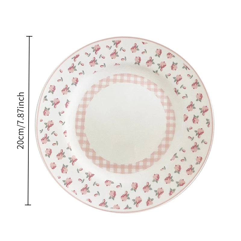 Assiette à dîner en céramique florale rose, petite assiette française florale brodée à bords en dentelle, assiette à salade légère, adaptée à la décoration de la maison, assiette à pain pour petit déjeuner quoti