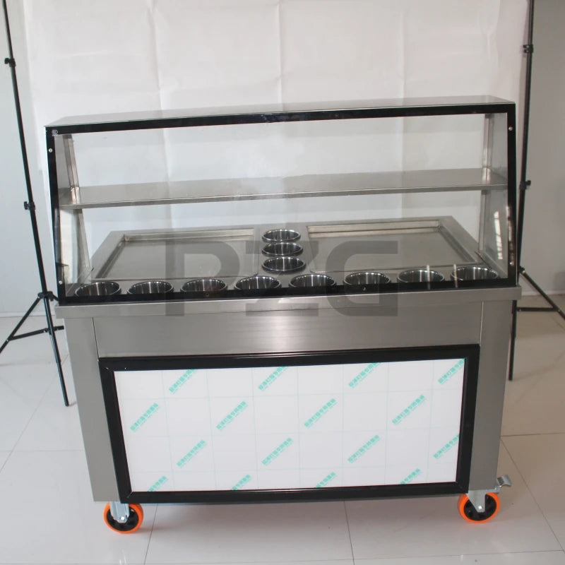 S.S. Commercial, 110V, 220V Machine à rouleaux de crème glacée frite avec 11 réservoirs de garniture, double casseroles, congélateur