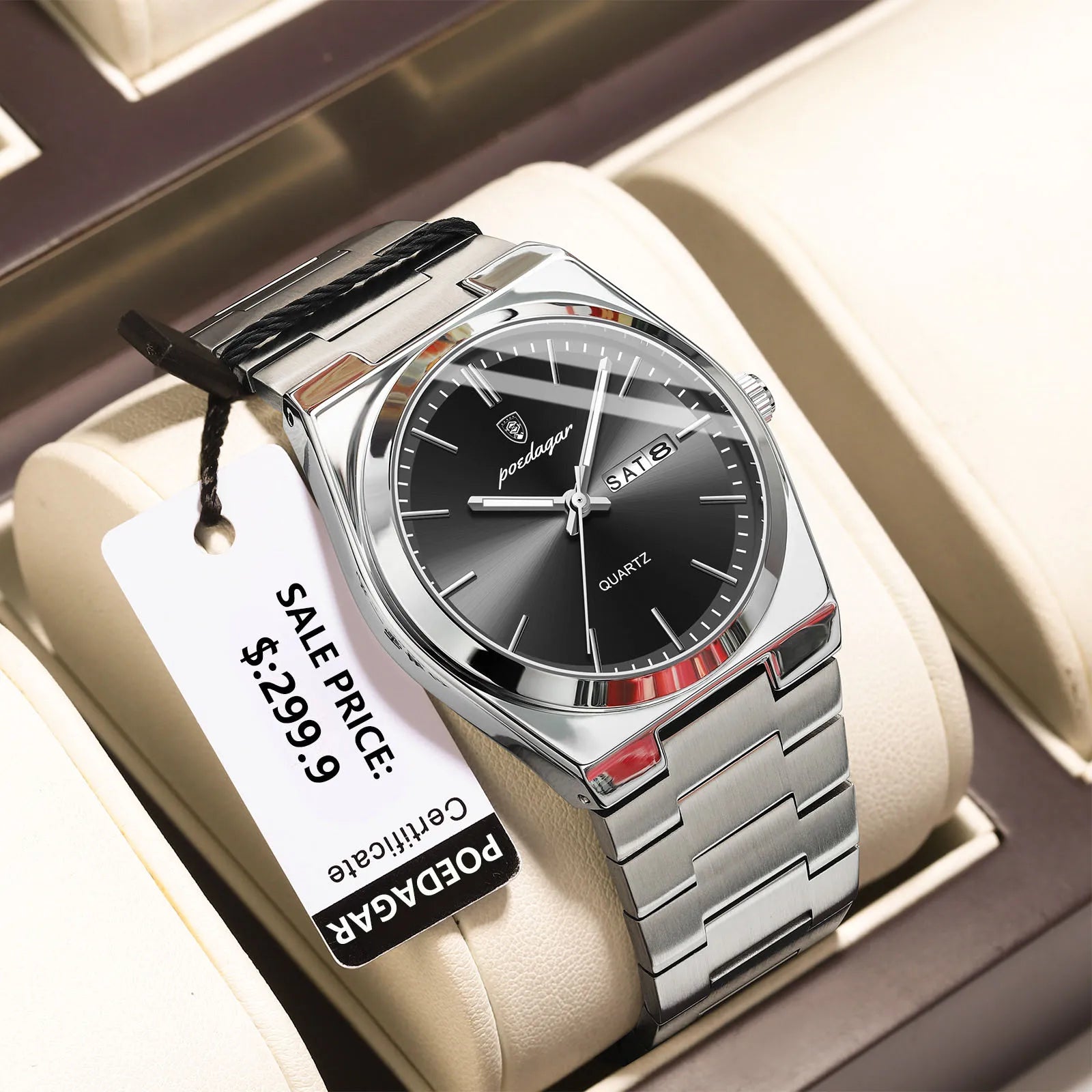 POEDAGAR Montre de luxe pour homme étanche lumineux Date Semaine en acier inoxydable Hommes Montre Casual Quartz Montres pour hommes Horloge masculine + boîte