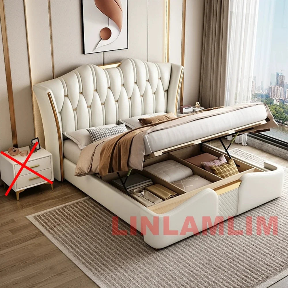 MINGDIBAO-Cadre de lit en cuir véritable avec Accents dorés, mobilier de luxe moderne, design, pour chambre à coucher, queen/king size