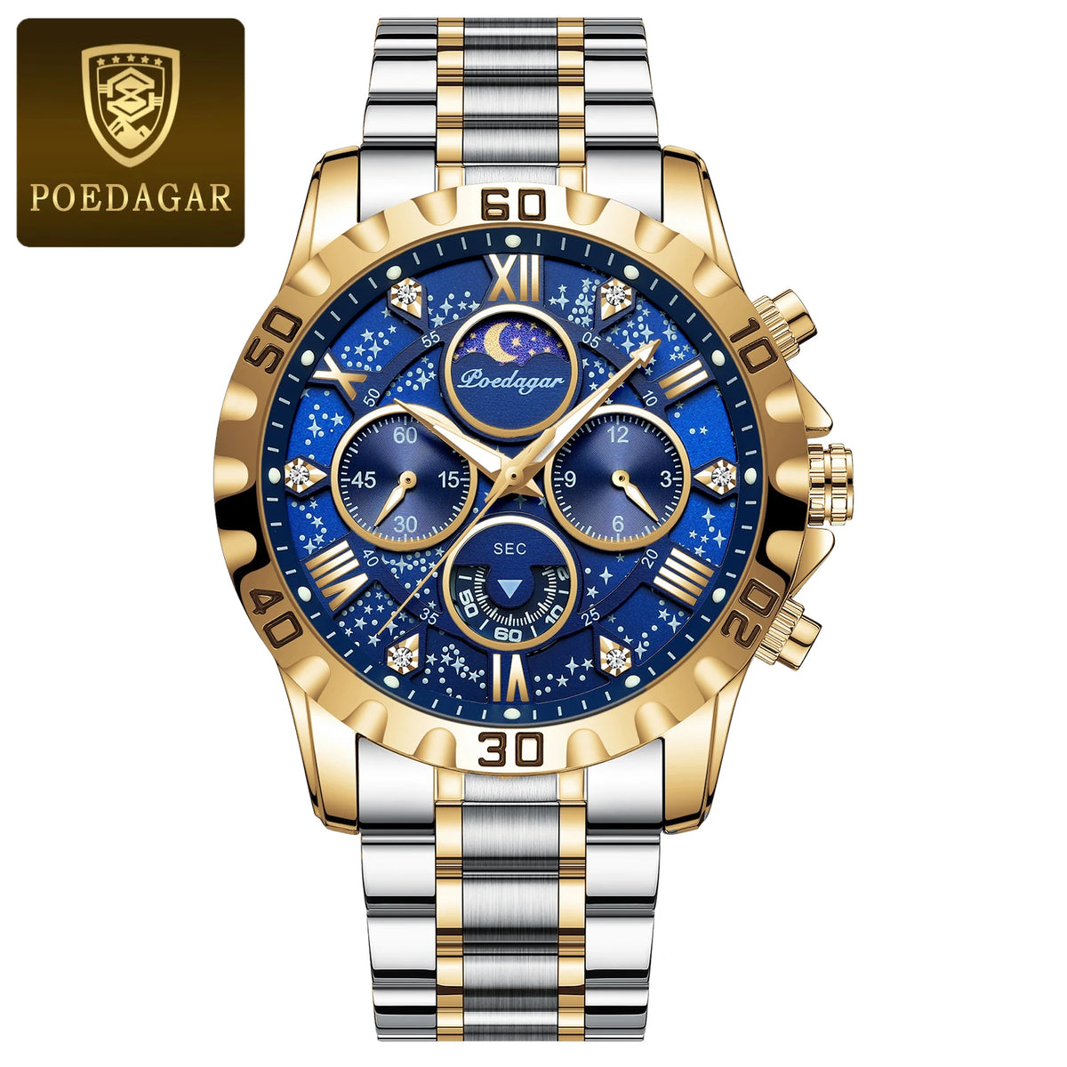 POEDAGAR-Montre de sport à quartz de luxe pour homme, étanche, Shoous, acier inoxydable, chronographe, horloge