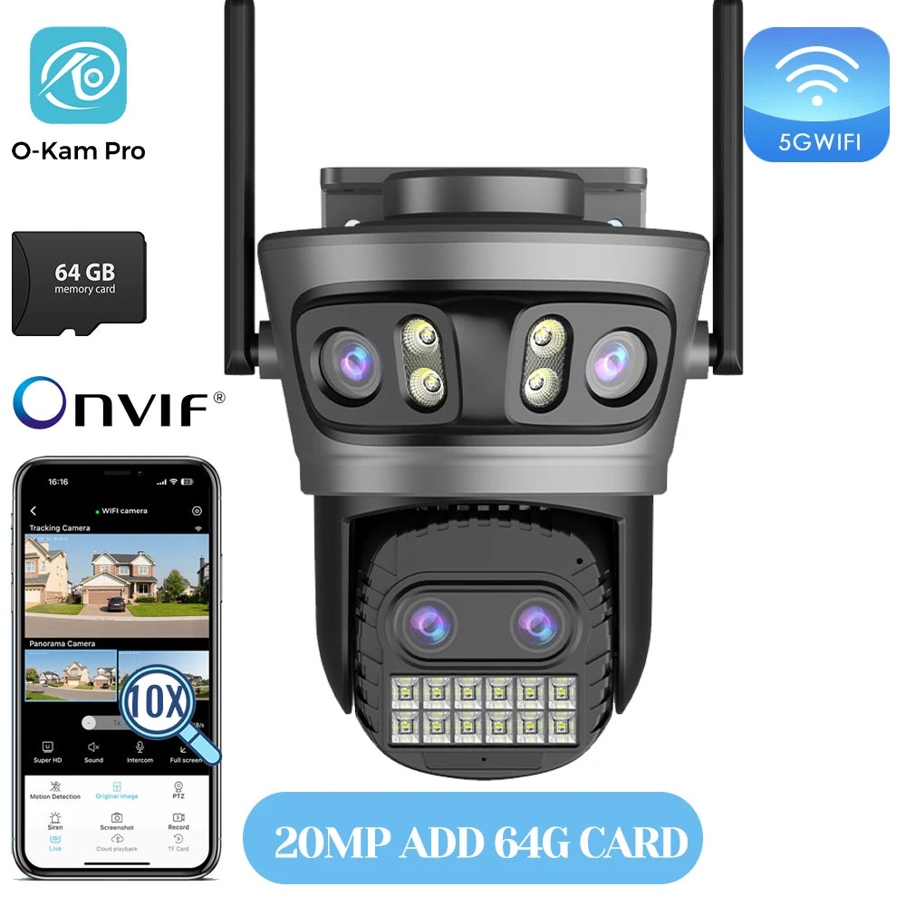 Caméra Wifi d'extérieur 20MP Caméra HD 10K à trois objectifs Caméra IP PTZ 5G Objectif zoom numérique 10X Caméra de  suivi humain AI Auto Detect Caméra de sécurité Caméra de sécurité pour la maison Caméra Wifi e