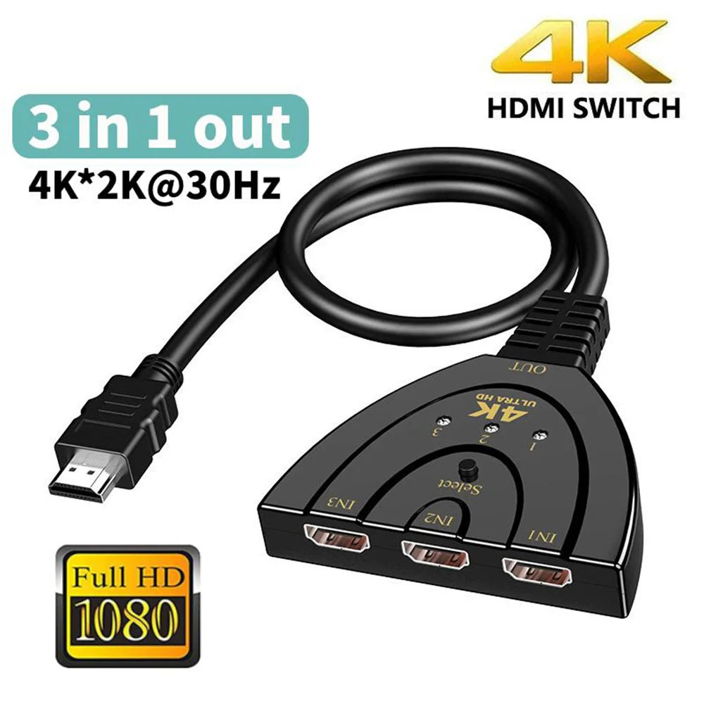Répartiteur de câble compatible HDMI 3en1 HD 4K Commutateur vidéo Adaptateur 3 entrées 1 port de sortie Hub pour Xbox PS4 DVD HDMI PC PC