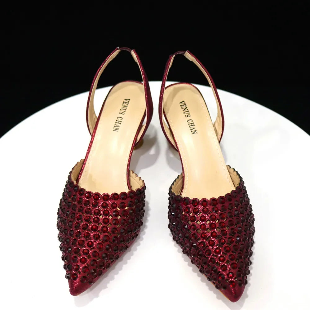 Venus Chan – escarpins à bout pointu pour femmes, chaussures et sacs italiens élégants, couleur vin, ensemble assorti, 2023