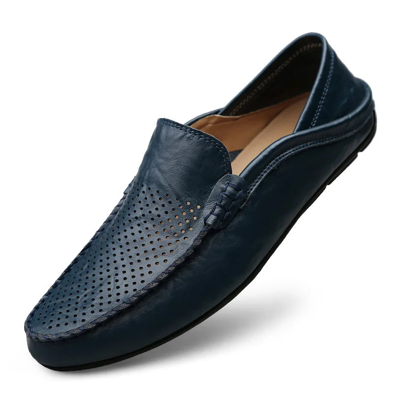Mocassins italiens en cuir véritable pour hommes, chaussures bateau à enfiler, mocassins légers et respirants, marque de luxe décontractée, été 2023