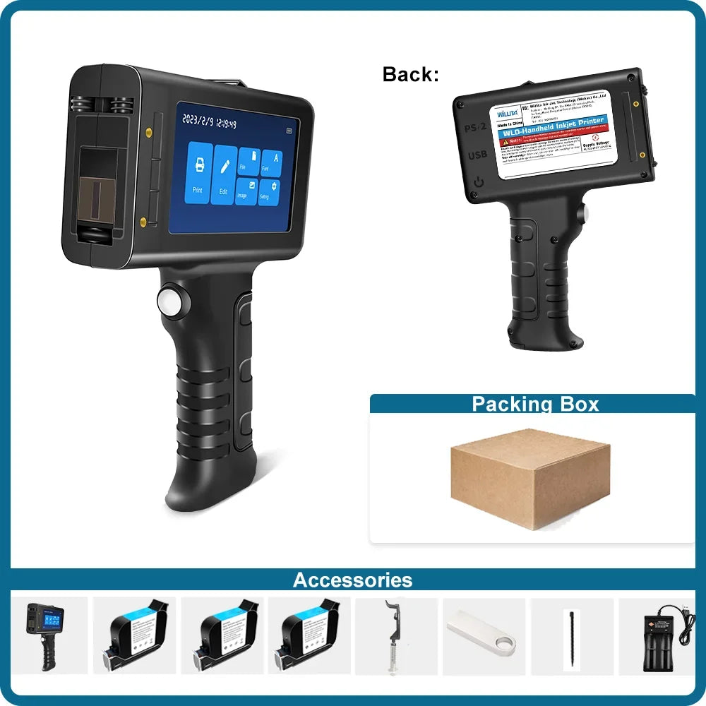 Pistolet d’impression à jet d’encre portable Willita 12.7 mm | Codage sur surfaces plastiques pour dates d’expiration, numéros de lot, QR/code-barres et logos