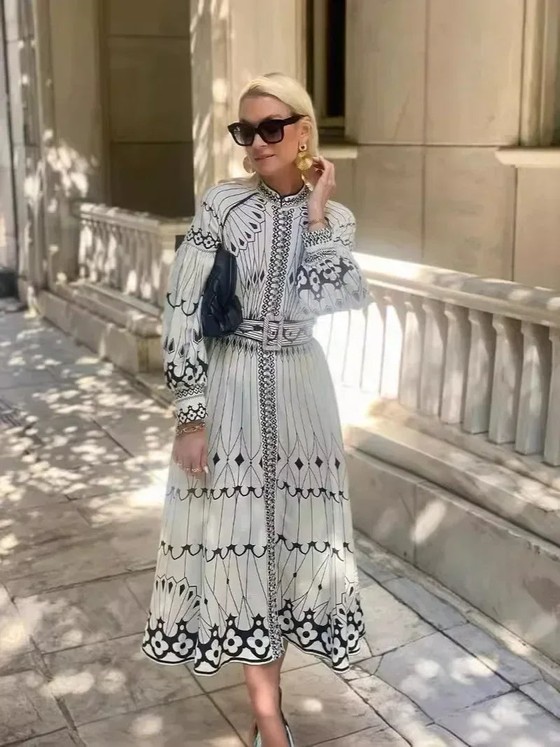 Robe longue rétro élégante à col montant pour femmes, motif imprimé, boucle ceinturée, robe de soirée, manches longues, ligne a, style Boho, automne