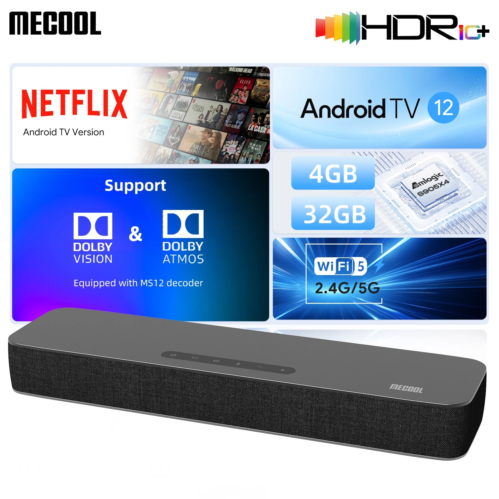 Barre de son MECOOL Android 12 certifiée Google Netflix Dolby Atmos Dolby Vision 4 + 32G son Surround Home Media cinéma