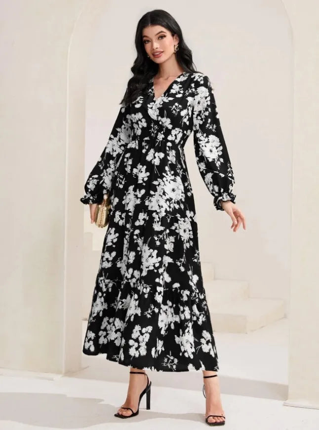 Robe Sexy à col en v pour femmes, nouvelle collection automne, gâteau imprimé à la mode, manches longues, longueur moyenne à longue, décontractée, confortable