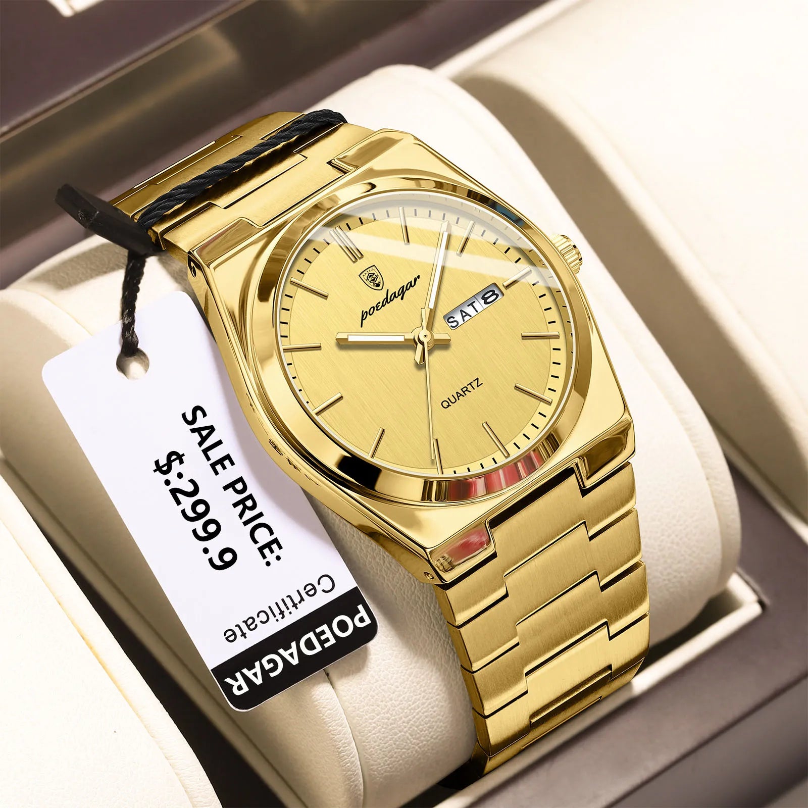POEDAGAR Montre de luxe pour homme étanche lumineux Date Semaine en acier inoxydable Hommes Montre Casual Quartz Montres pour hommes Horloge masculine + boîte