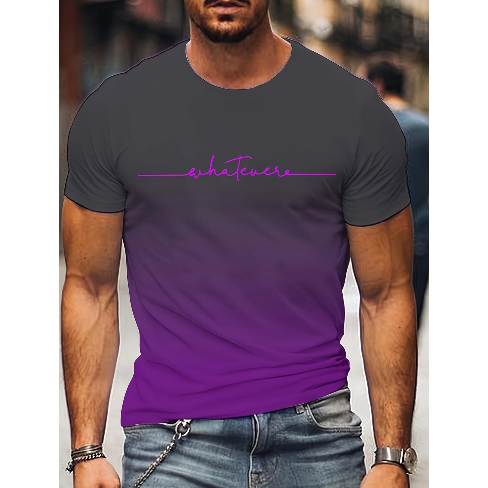 2024 Summer Fashion Men's Clothing Trendy Design Gradient Color Letter Print T-Shirt Top Breathable Soft Short Sleeve Menswear