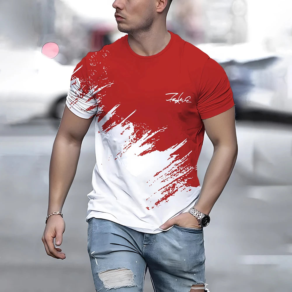 Casual Men's T-Shirt Color Contrast Print T-shirt Male Casual Loose Short Sleeved Tshirt Summer Outdoor Oversized Men Clothing
