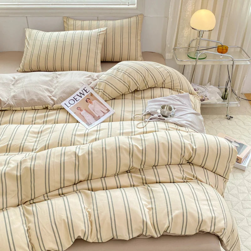 Parure de lit rayée pour enfants et adultes, style INS, double, reine, taille athlon, housse, drap plat, taie d'oreiller, linge de lit, couette, textile de maison