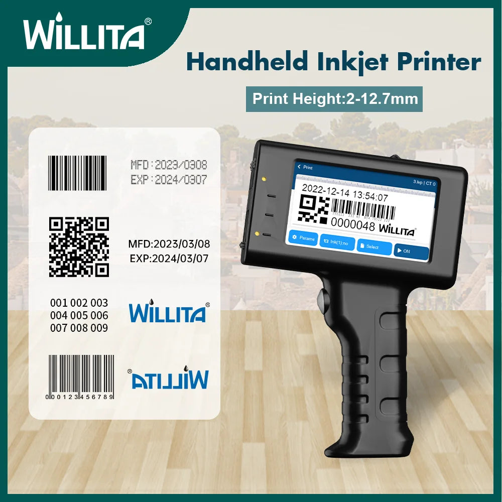 Pistolet d’impression à jet d’encre portable Willita 12.7 mm | Codage sur surfaces plastiques pour dates d’expiration, numéros de lot, QR/code-barres et logos